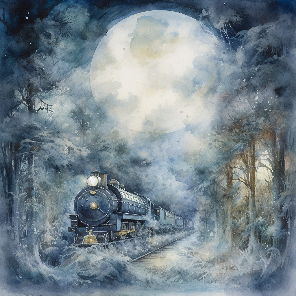 Tranquil train ride through moonlit forest