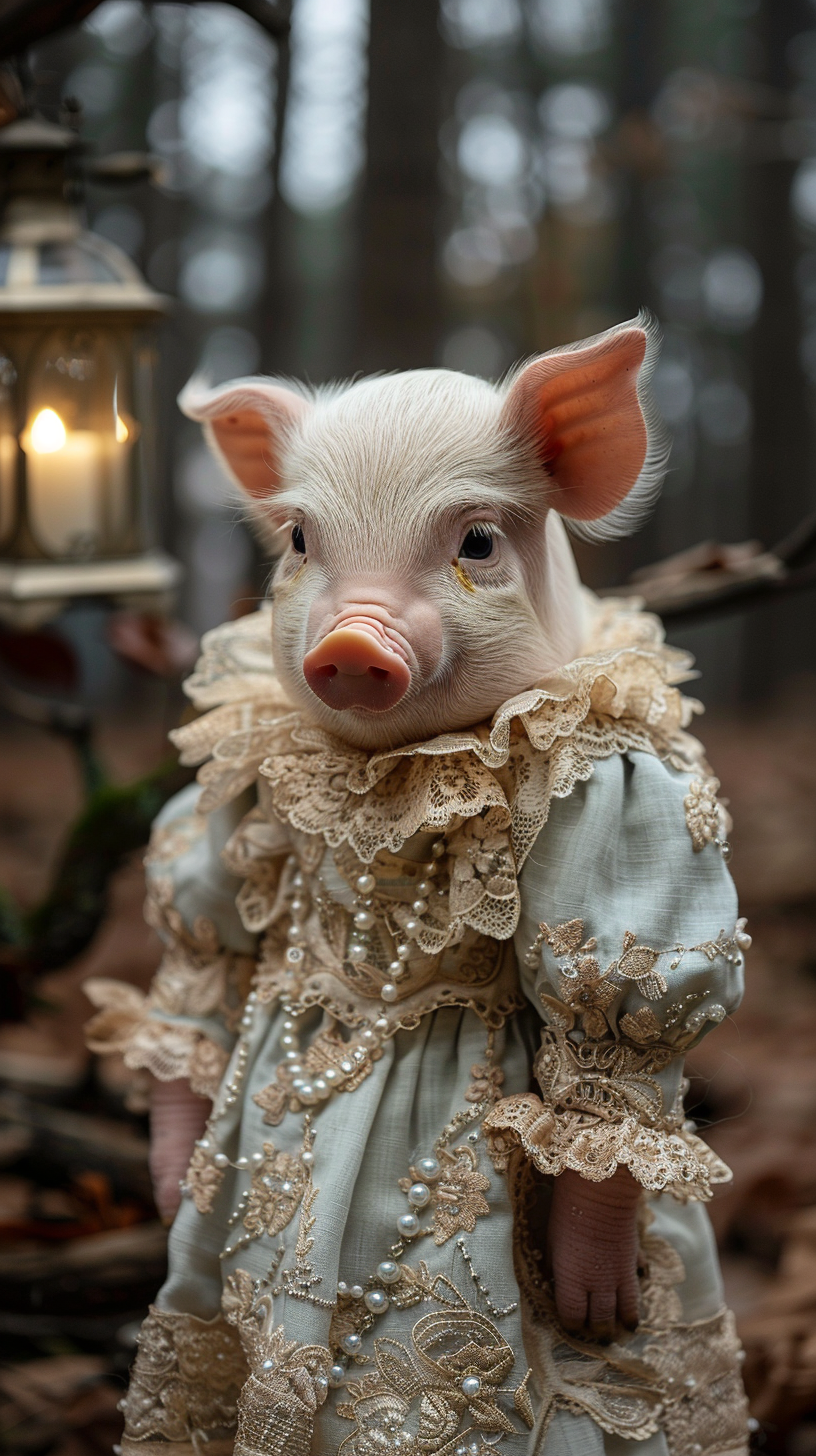 Baby piglet in Victorian dress