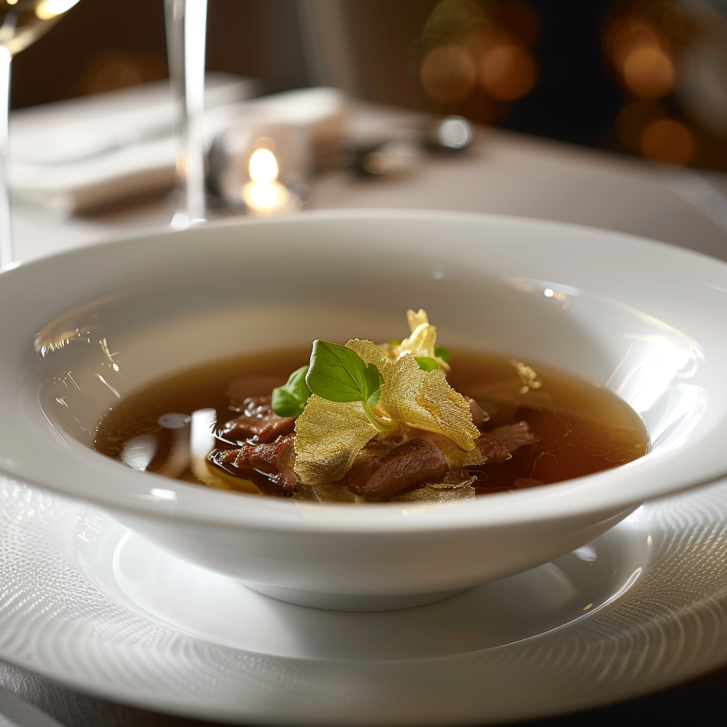 veal consomme soup bowl gold