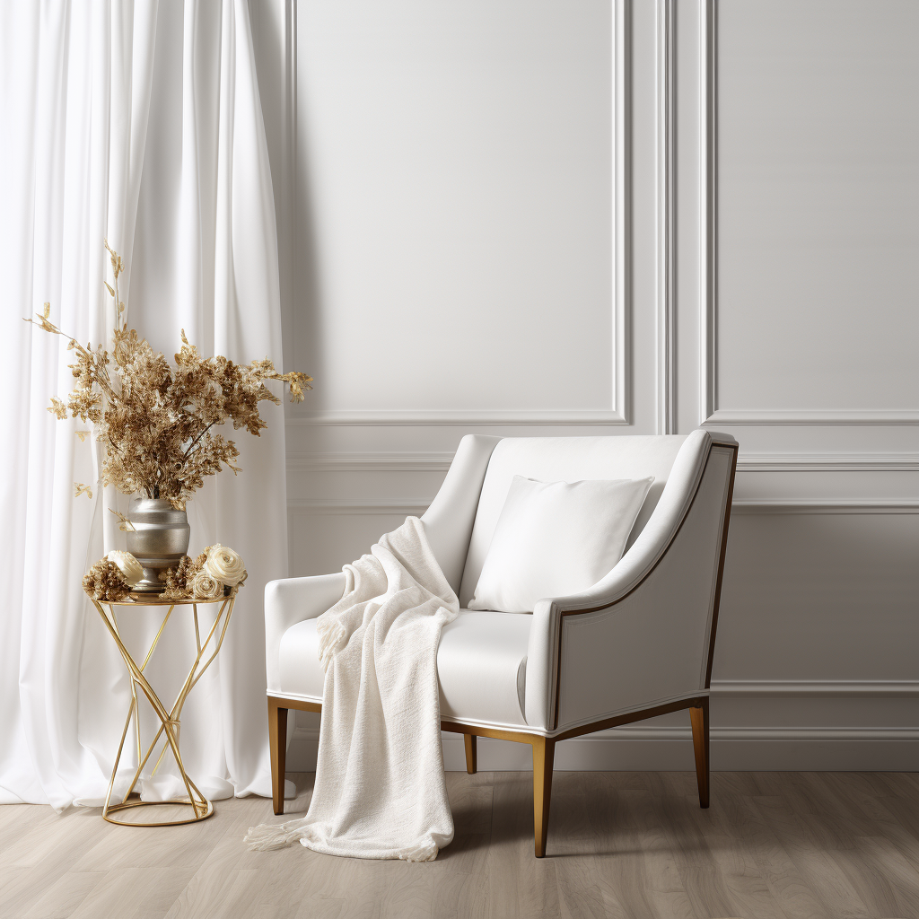 Stylish white fabric chair with wood trim