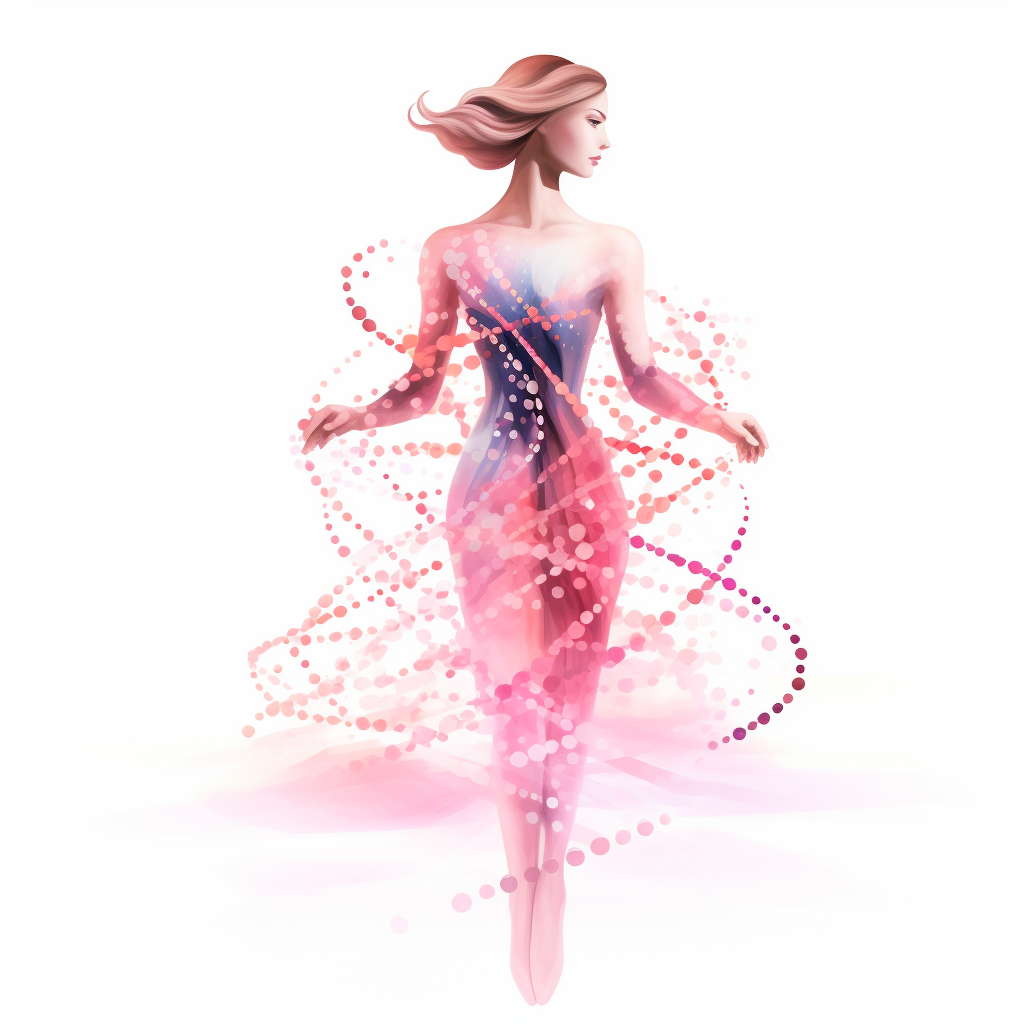 Abstract pink silhouette of an elegant woman and DNA molecule