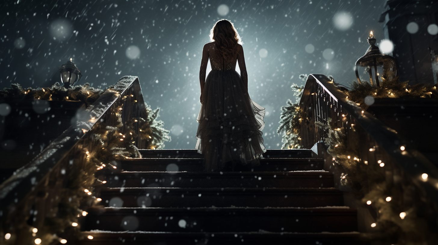 Woman on French Exterior Stairs in Snowfall