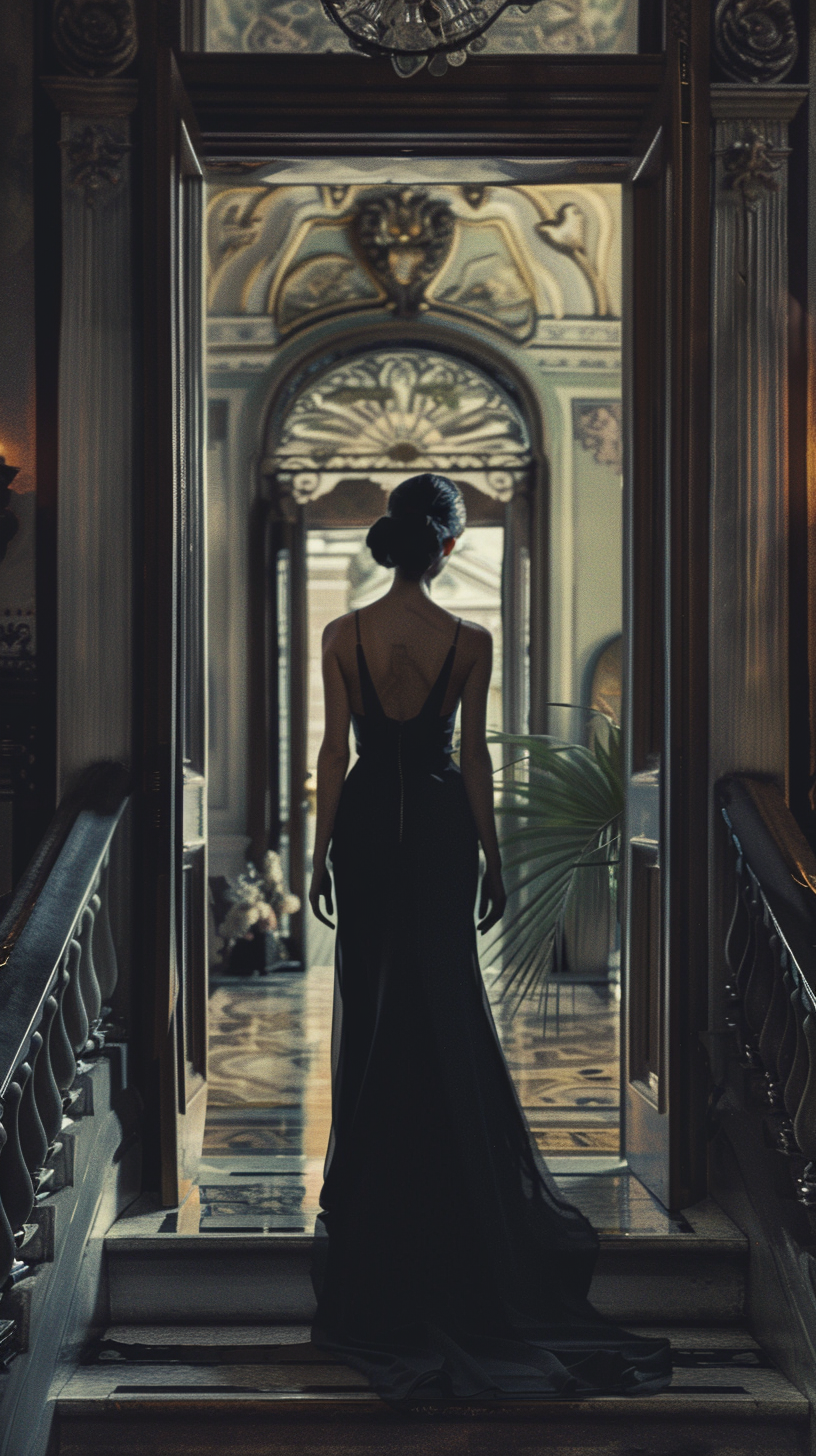 Elegant Woman at Mansion Threshold