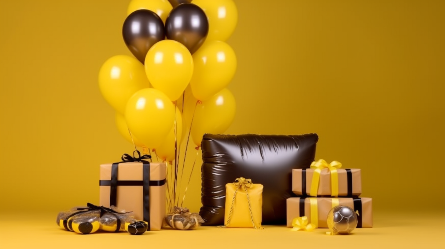 Yellow birthday cake with soccer decorations and balloons