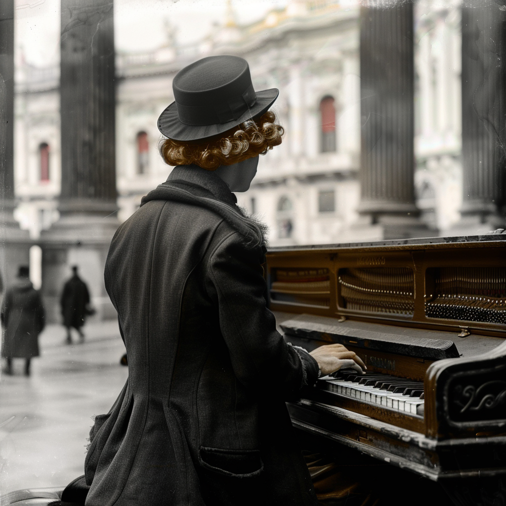 Elegant man plays piano outdoors