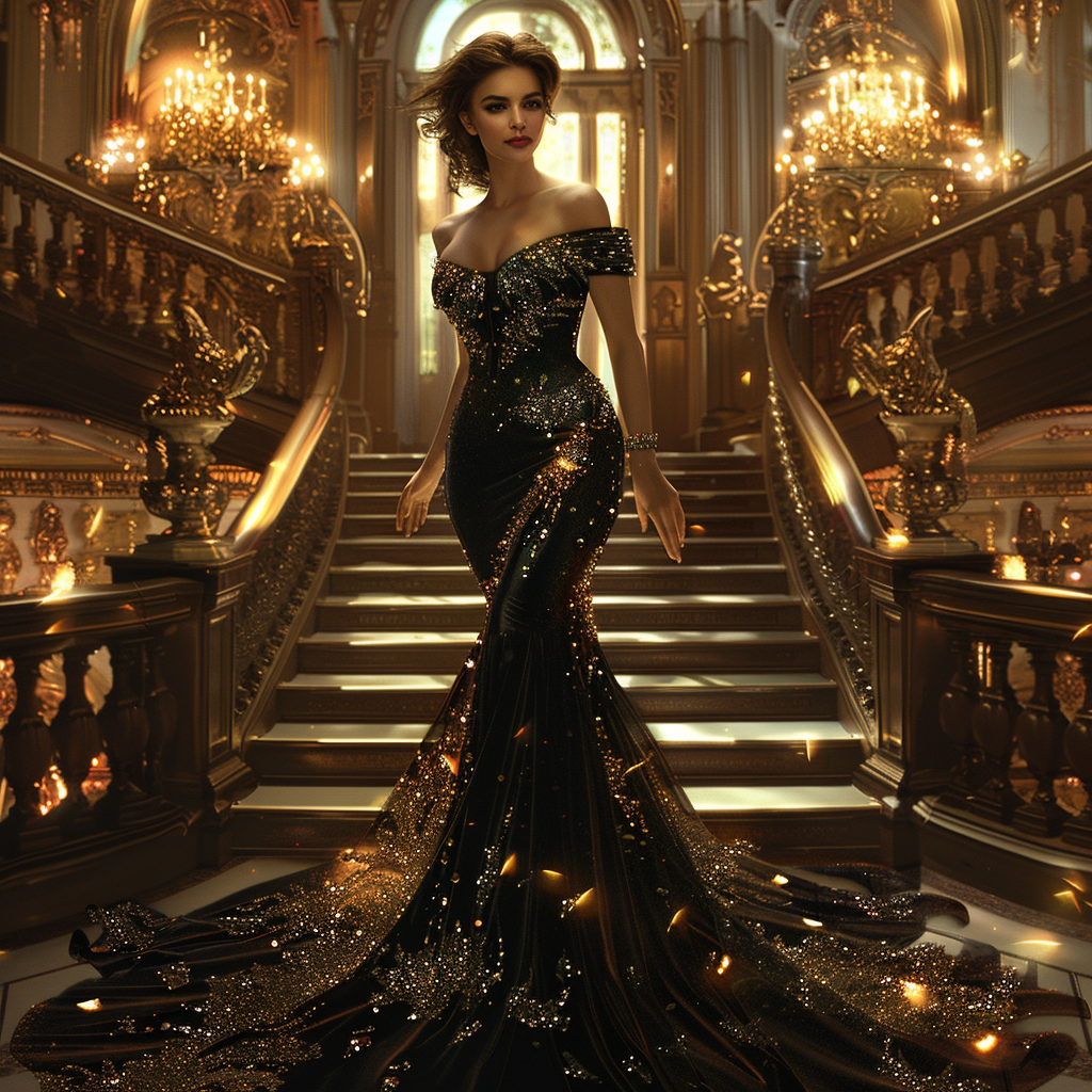 Glamorous woman in black evening gown