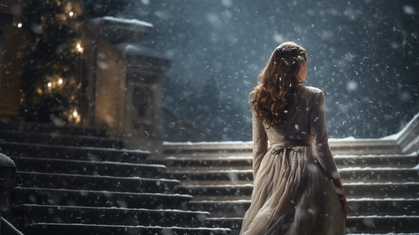 Elegant woman on French stairs during Christmas night