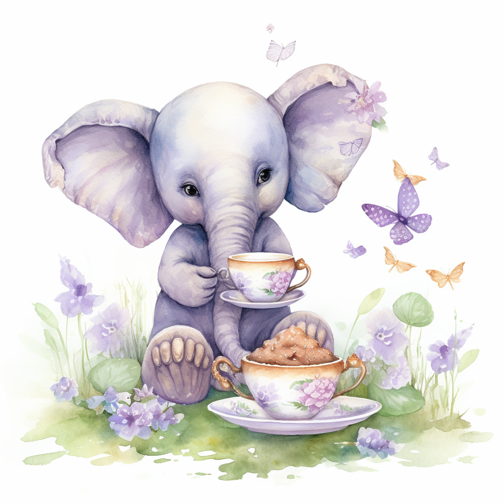 Elephant and Butterfly Tea Party Watercolor Lavender