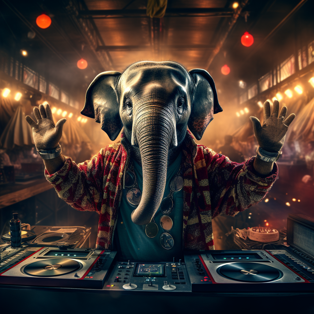 Googly-eyed elephant DJ