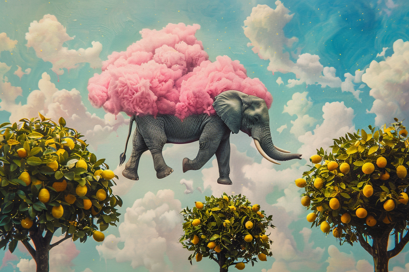 Elephant on Pink Cloud with Lemons