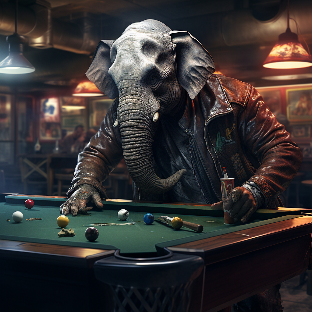 Elephant playing pool in a leather jacket