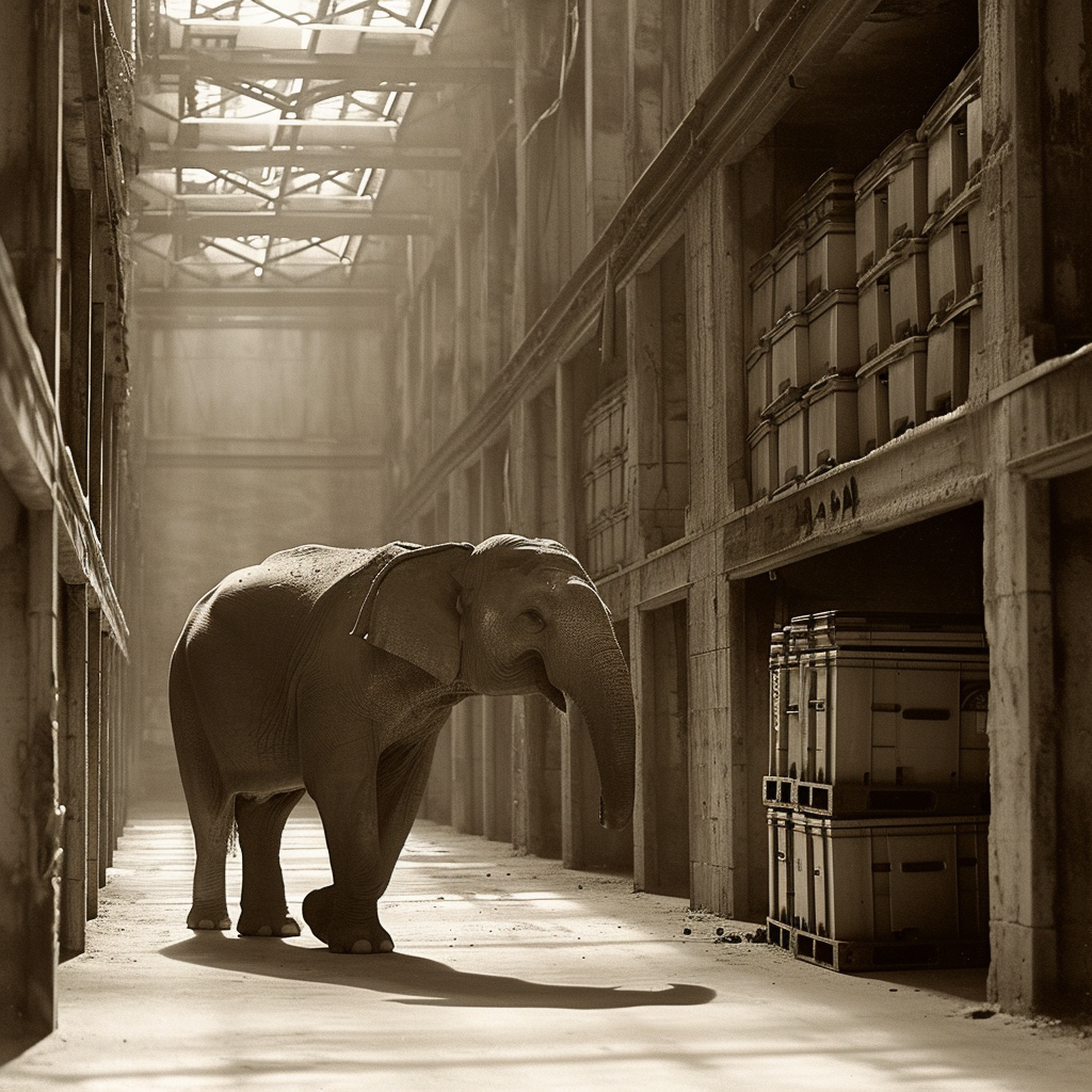 Image of an elephant in a storage space