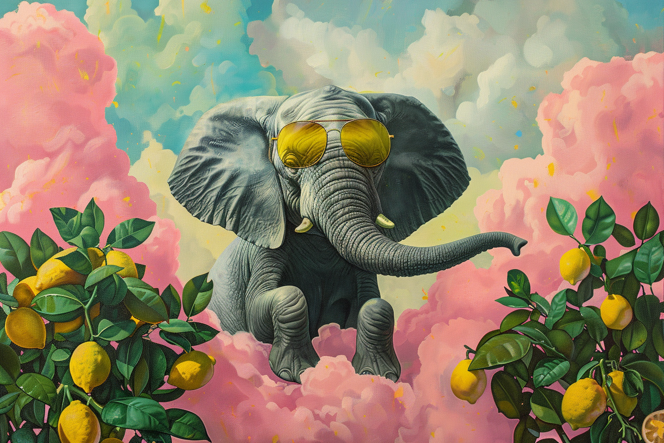 Elephant wearing sunglasses on pink cloud