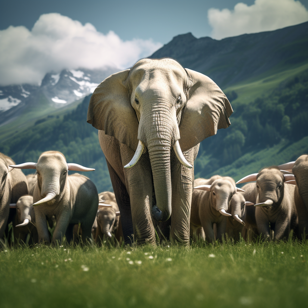 Elephant surrounded by sheep in Swiss mountains