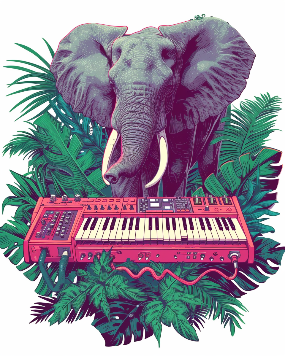 Elephant playing synth keyboard in jungle