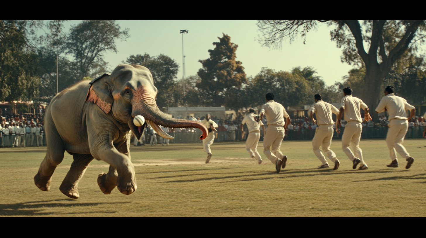 elephant with cricket ball running from cricket players