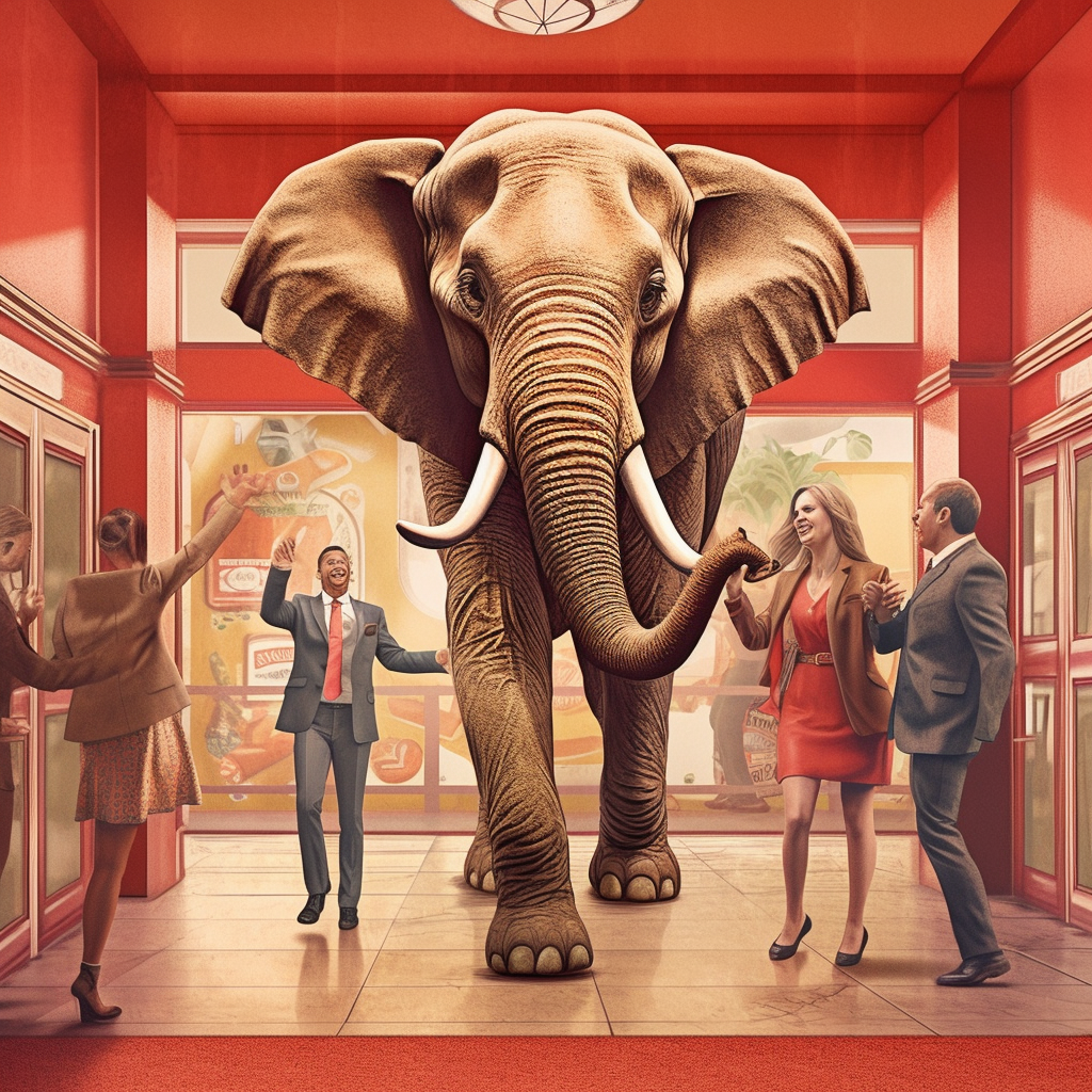 Cheering elephant in corporate setting