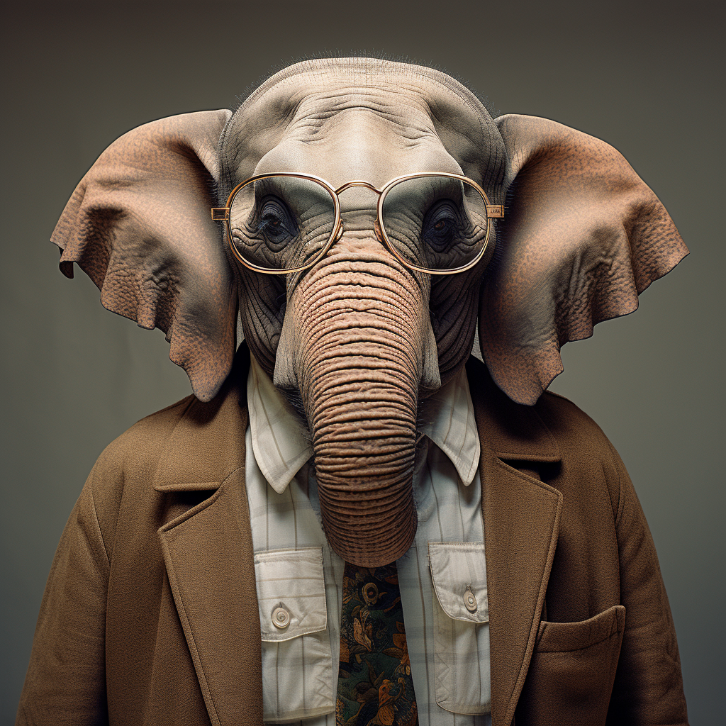 Adorable elephant with glasses and camera lens