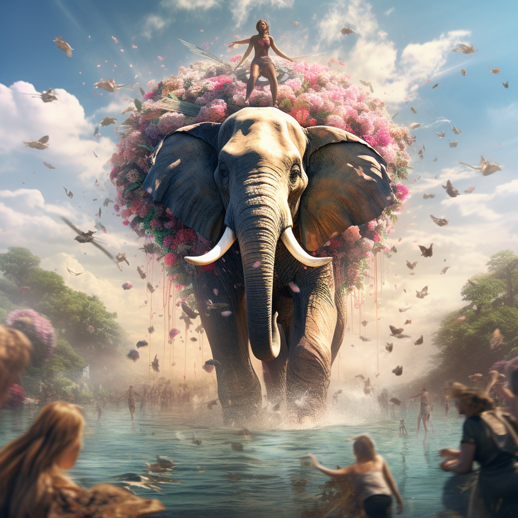 Elephant emerging from lotus flower above sea