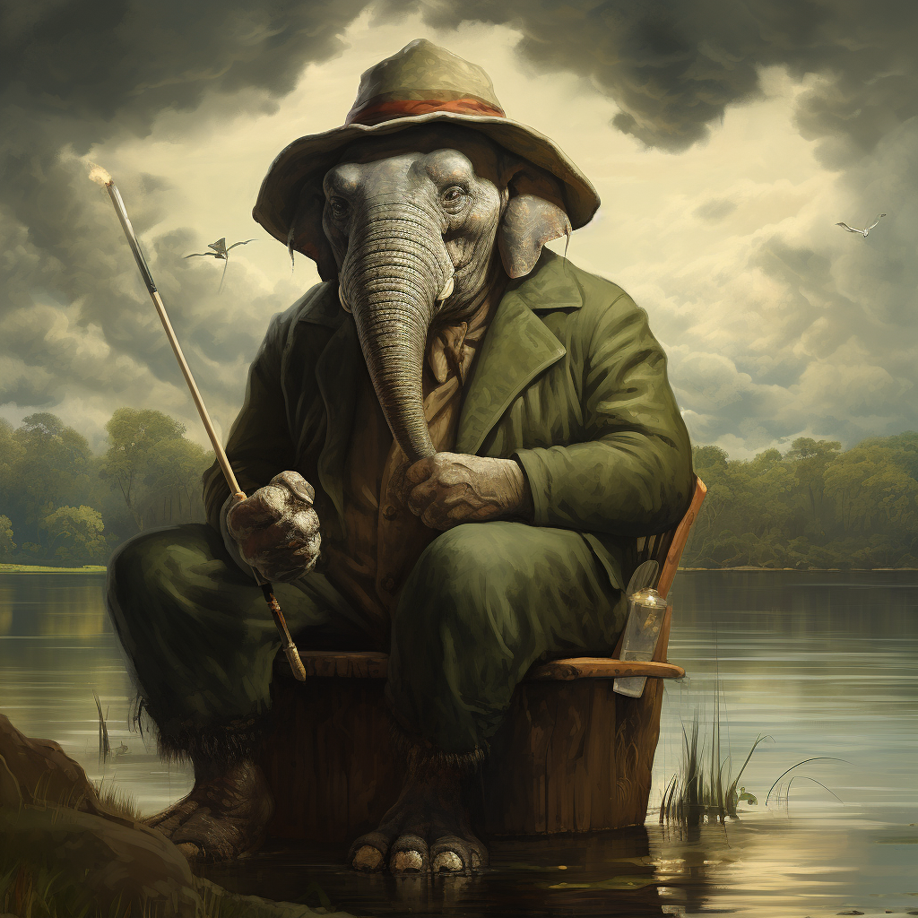 Elephant by lake with fishing hat