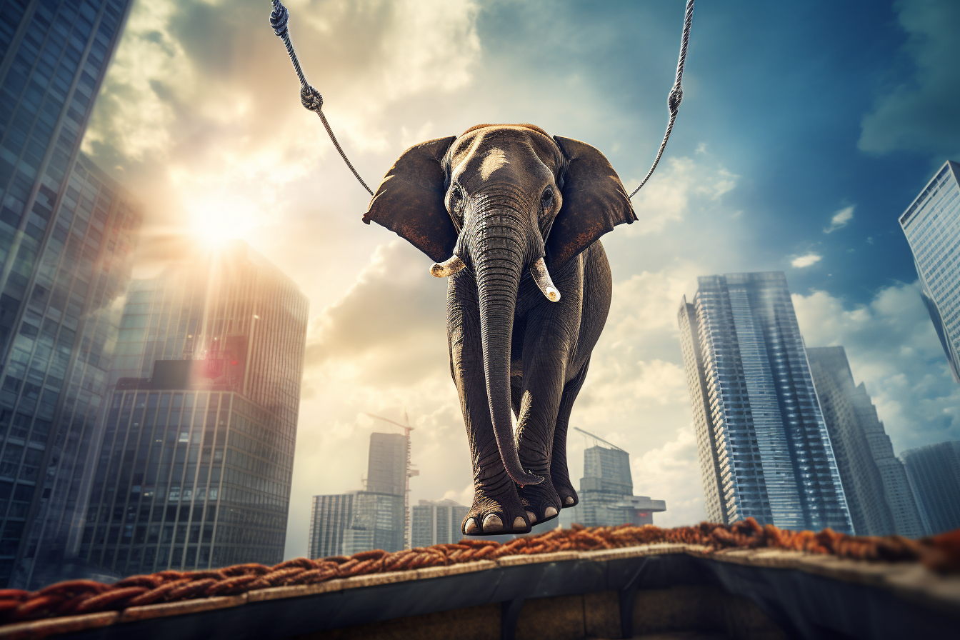 Elephant walking on rope between skyscrapers