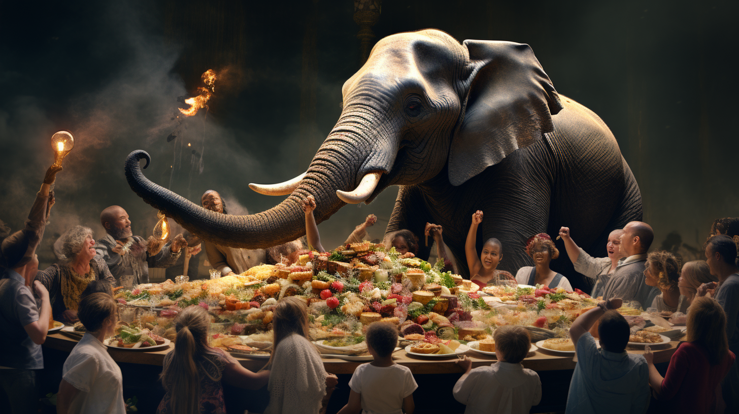 Elephant standing on food platter