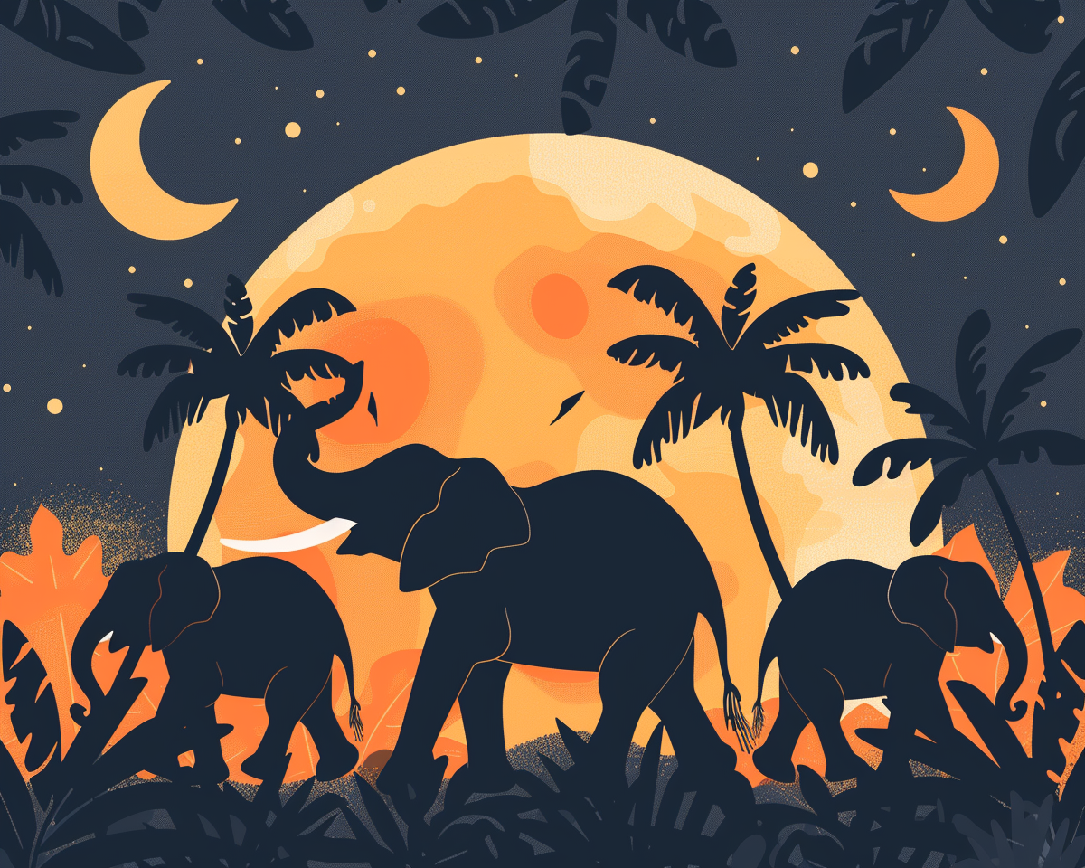 Elephants holding palm leaves under full moon