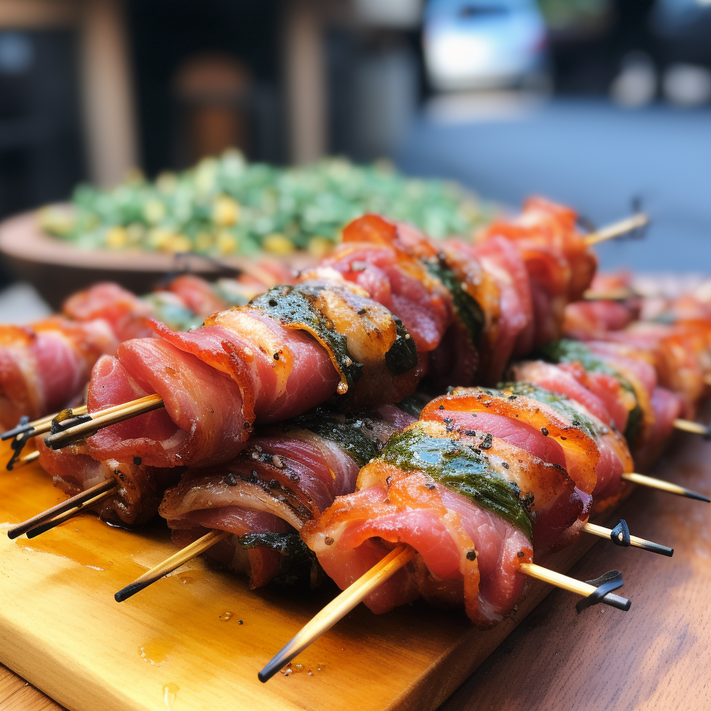 Delicious saltimbocca skewers on charcoal stand.