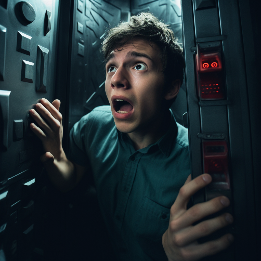 Young man fighting elevator buttons