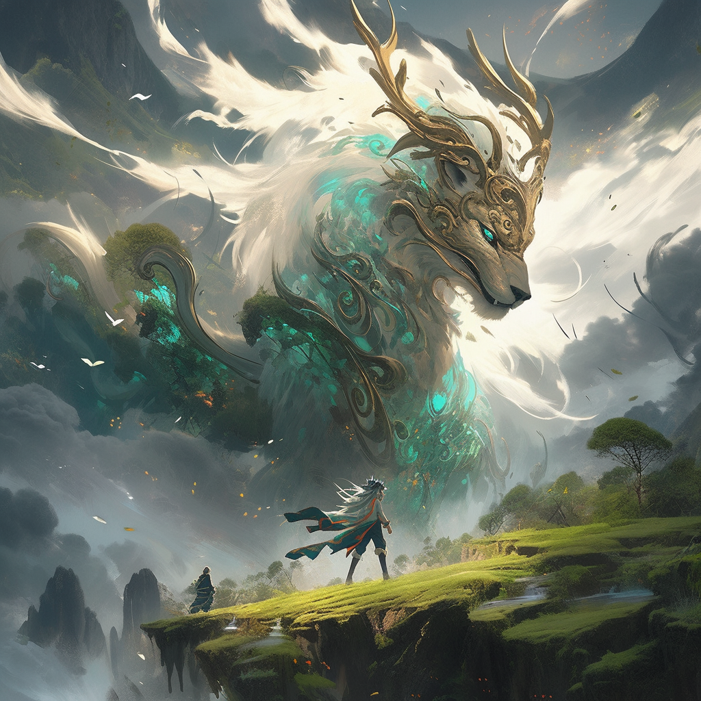 Majestic elf druid travelling with a qilin