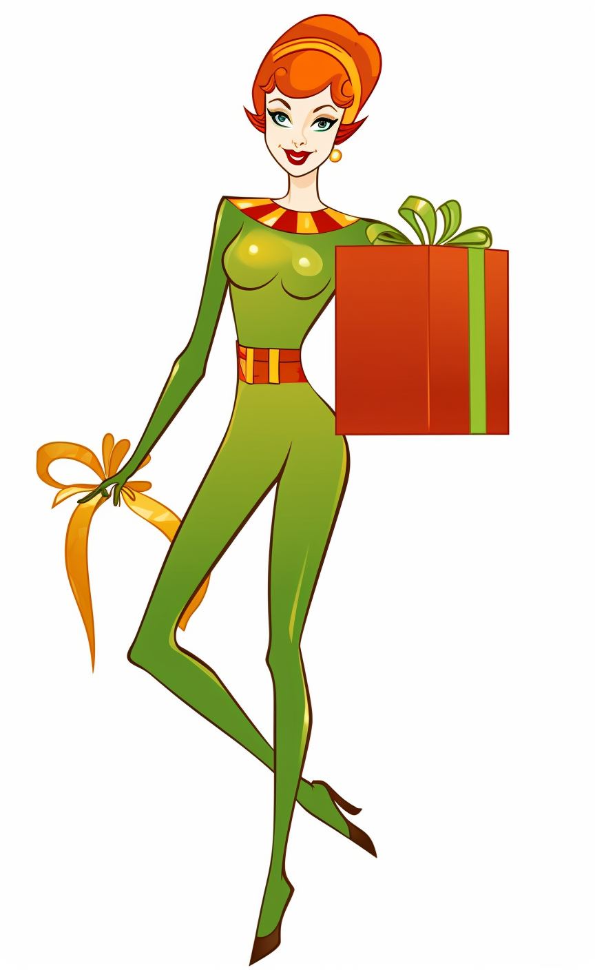 Illustration of girl dressed as elf with gift box