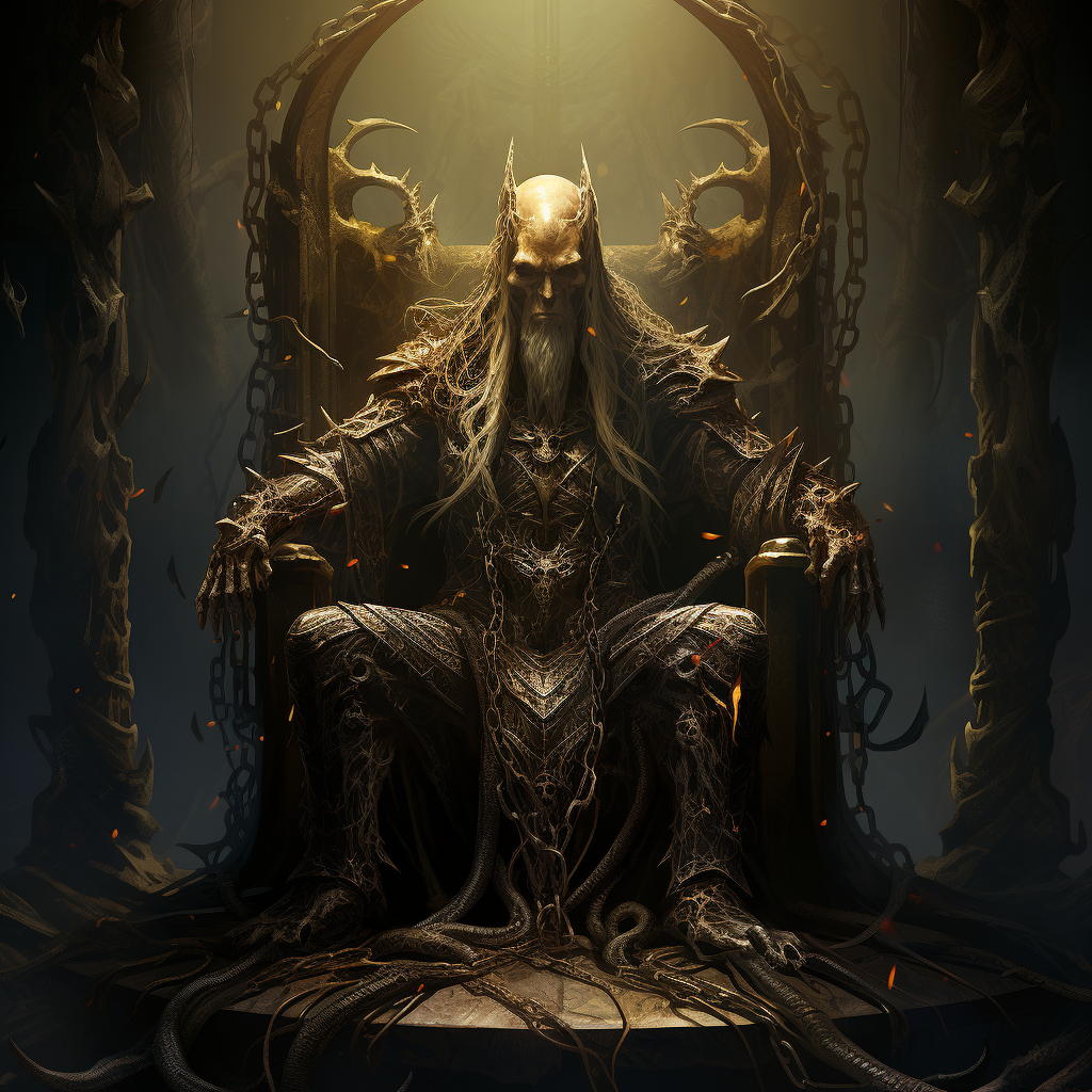 Mighty elf god with chains and skull throne