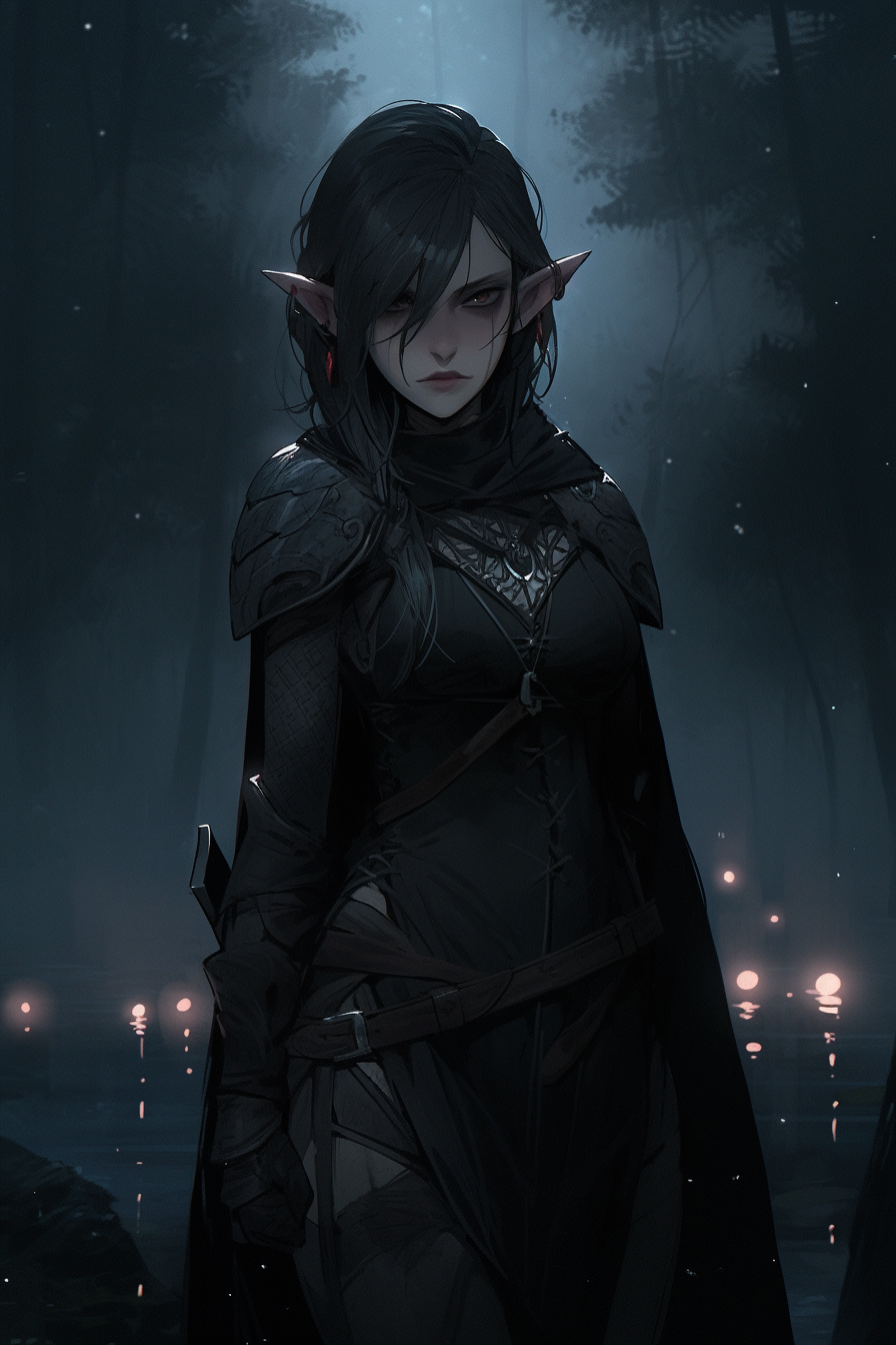 Elf rogue in forest at night