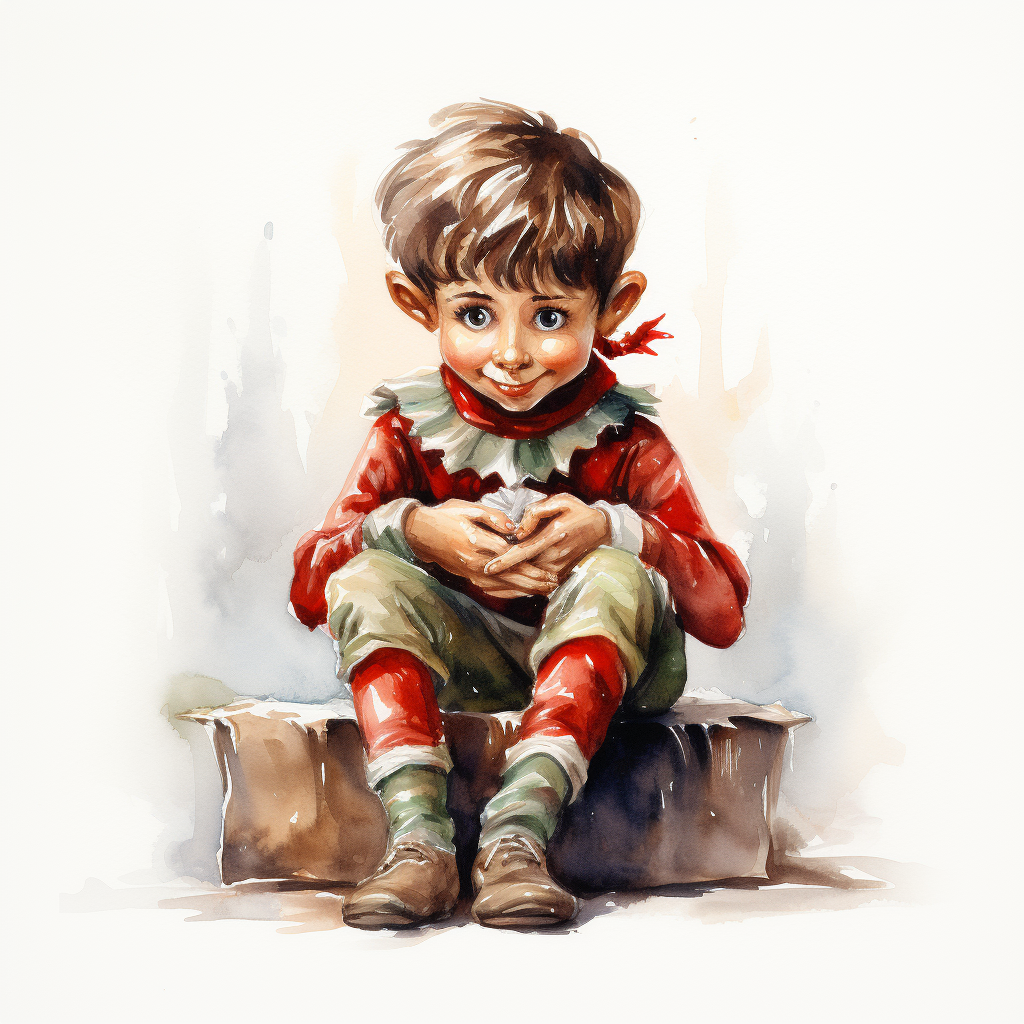 Cute elf sitting in watercolor painting