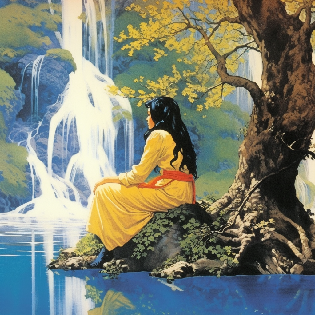 Beautiful elf woman sitting by a lake