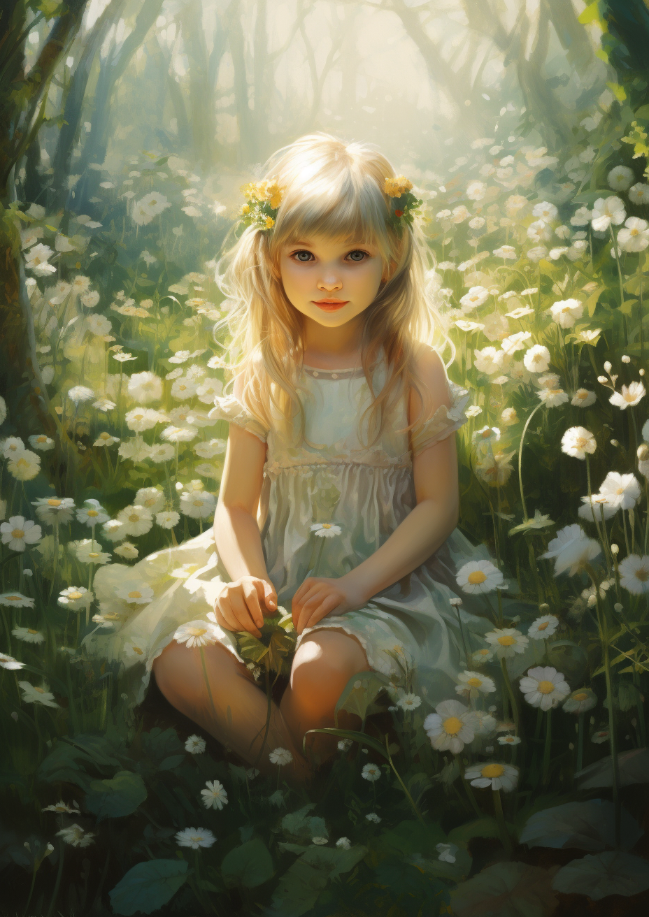 Elf girl baby sitting in a flower-filled field