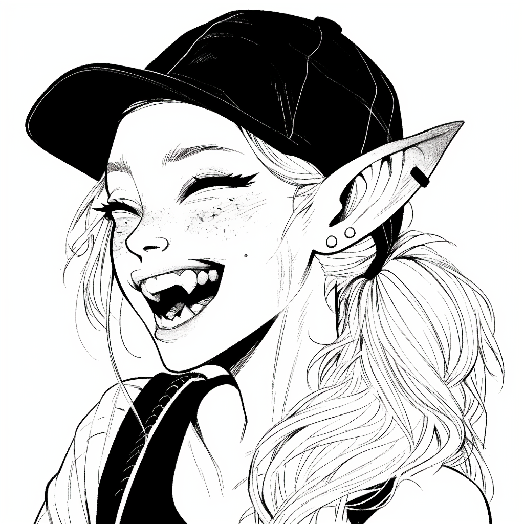 Ink sketch of an elf laughing