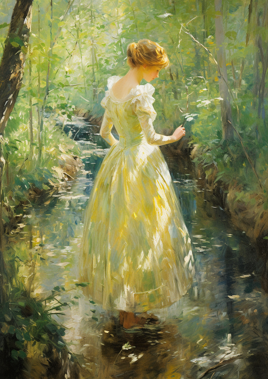 Elf princess in golden dress dancing in birch grove