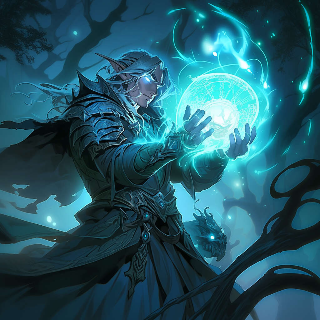 Grimdark mystic elf wizard casting an epic spell