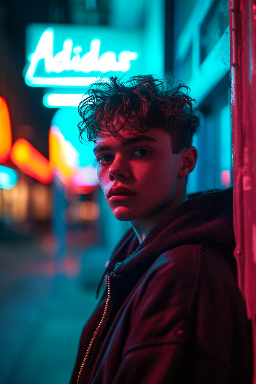 Elite young man in  Adidas  hoodie under neon lights