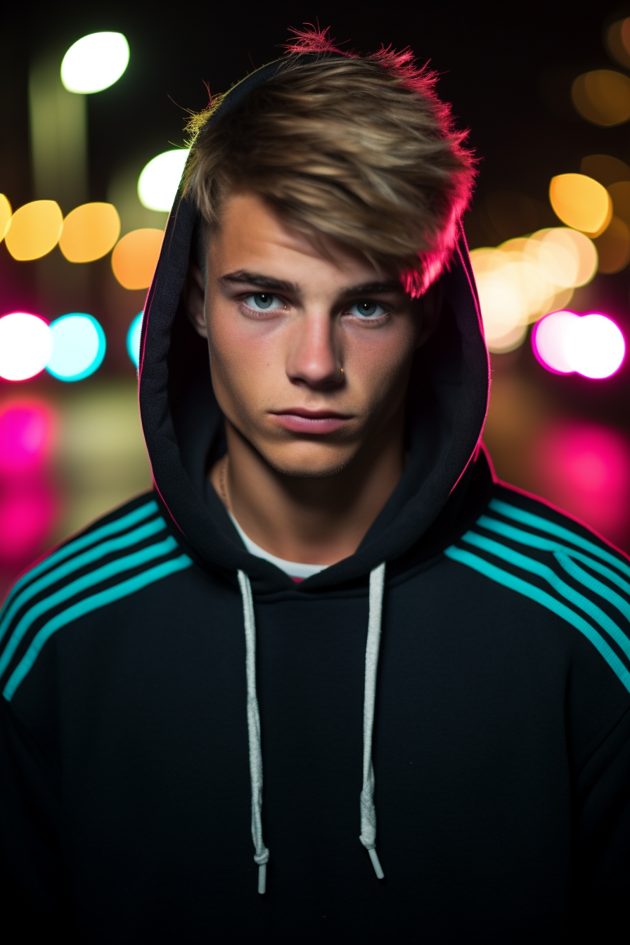 Teenager in black Adidas hoodie under neon lights