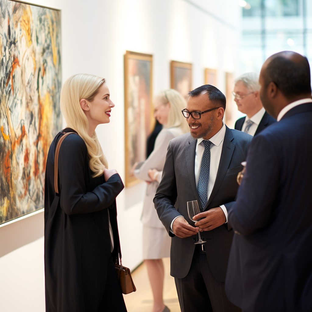 Successful business professionals observing art gallery