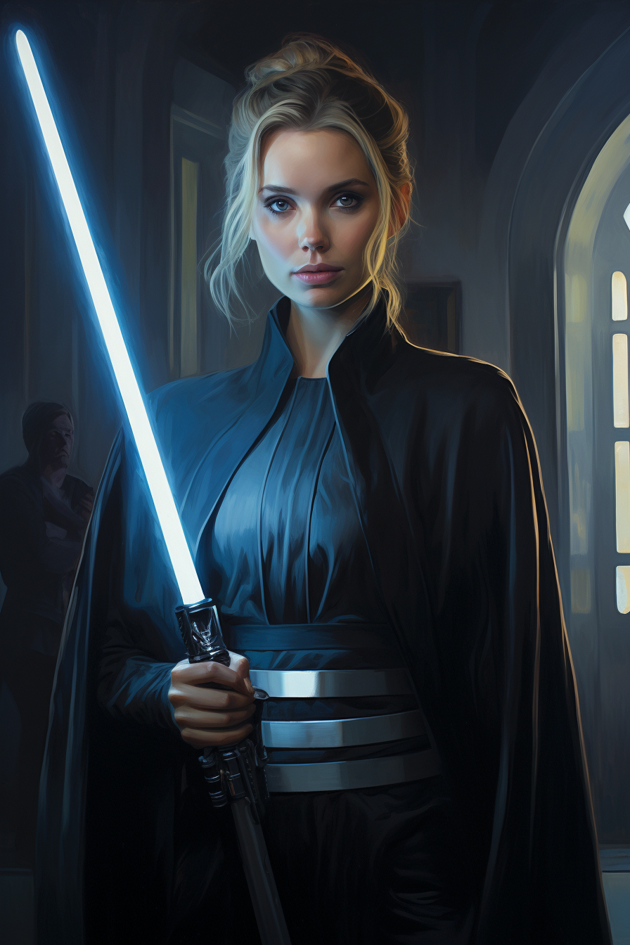 Elizabeth Olsen as Jedi Master with blue laser sword