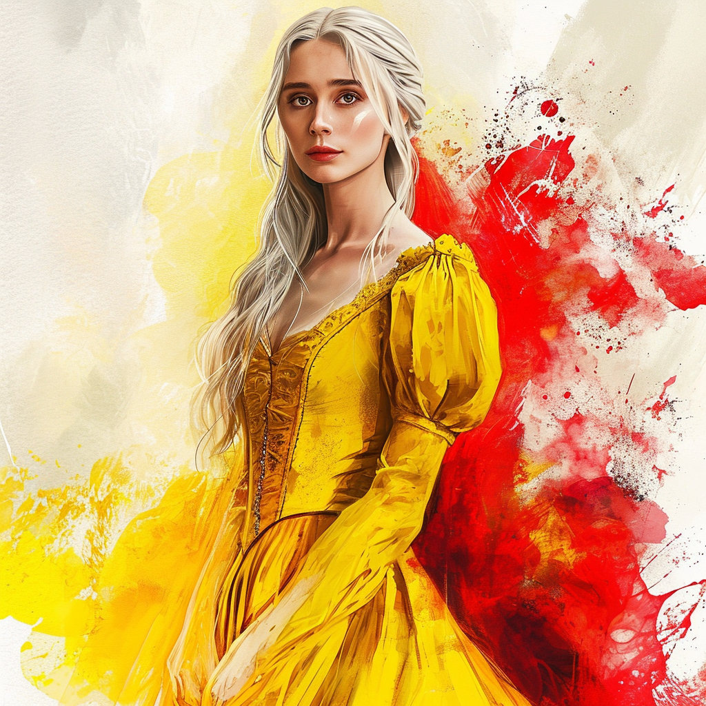 Elizabeth Olsen in yellow and red medieval dress