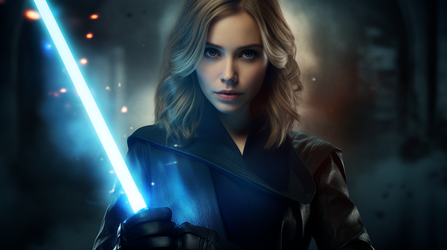 Elizabeth Olsen as Jedi with blue laser sword