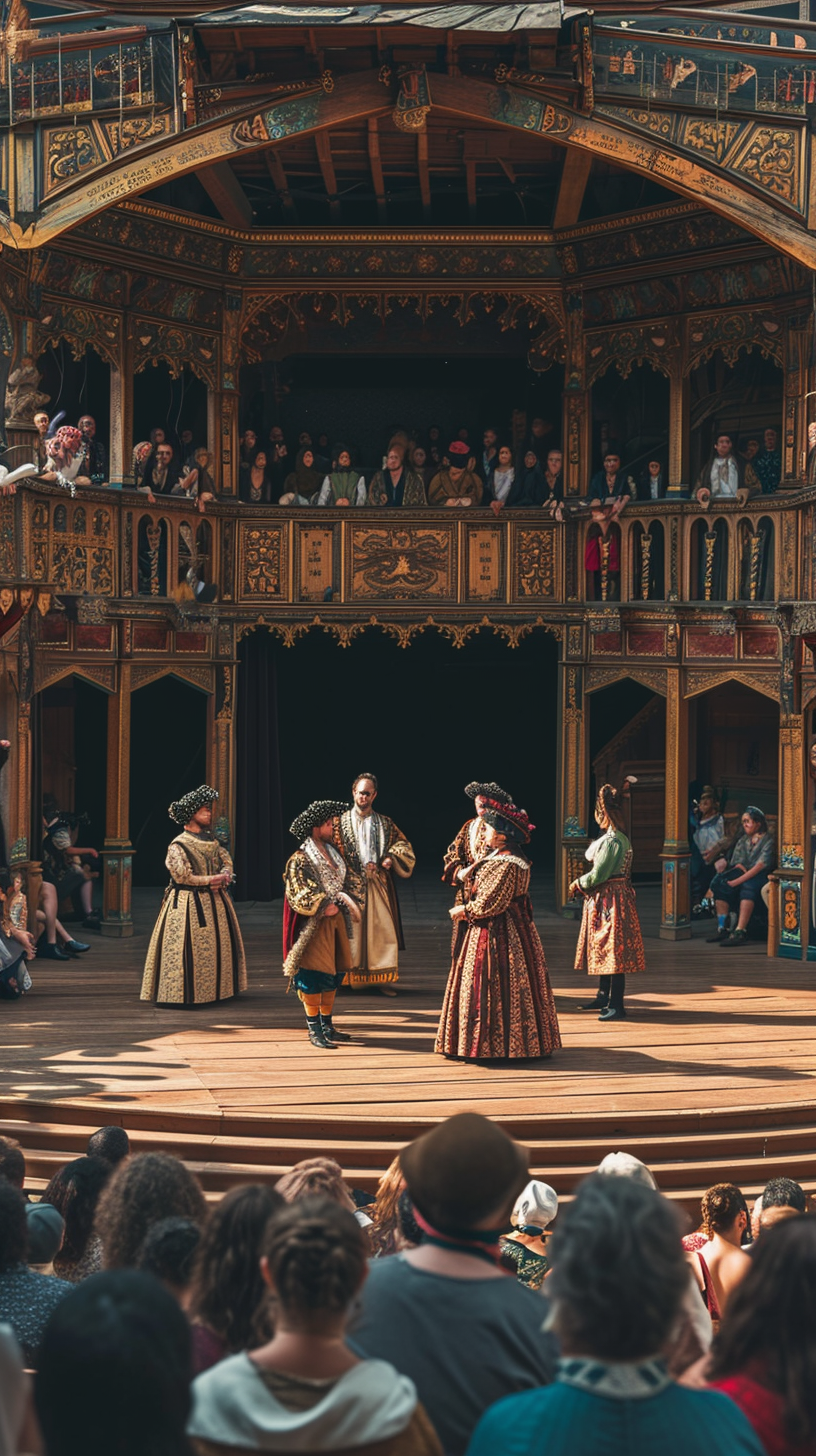 Elizabethan theater scene with actors performing drama