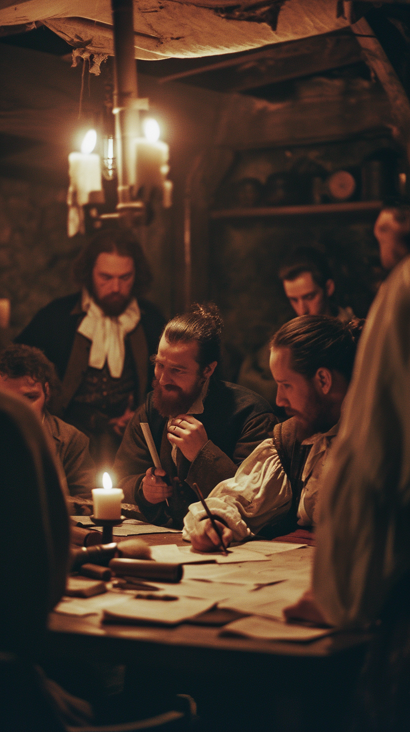 Elizabethan writers discussing in dimly lit tavern