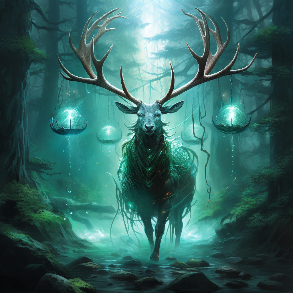 Majestic Elk with Lanterns in Green Forest