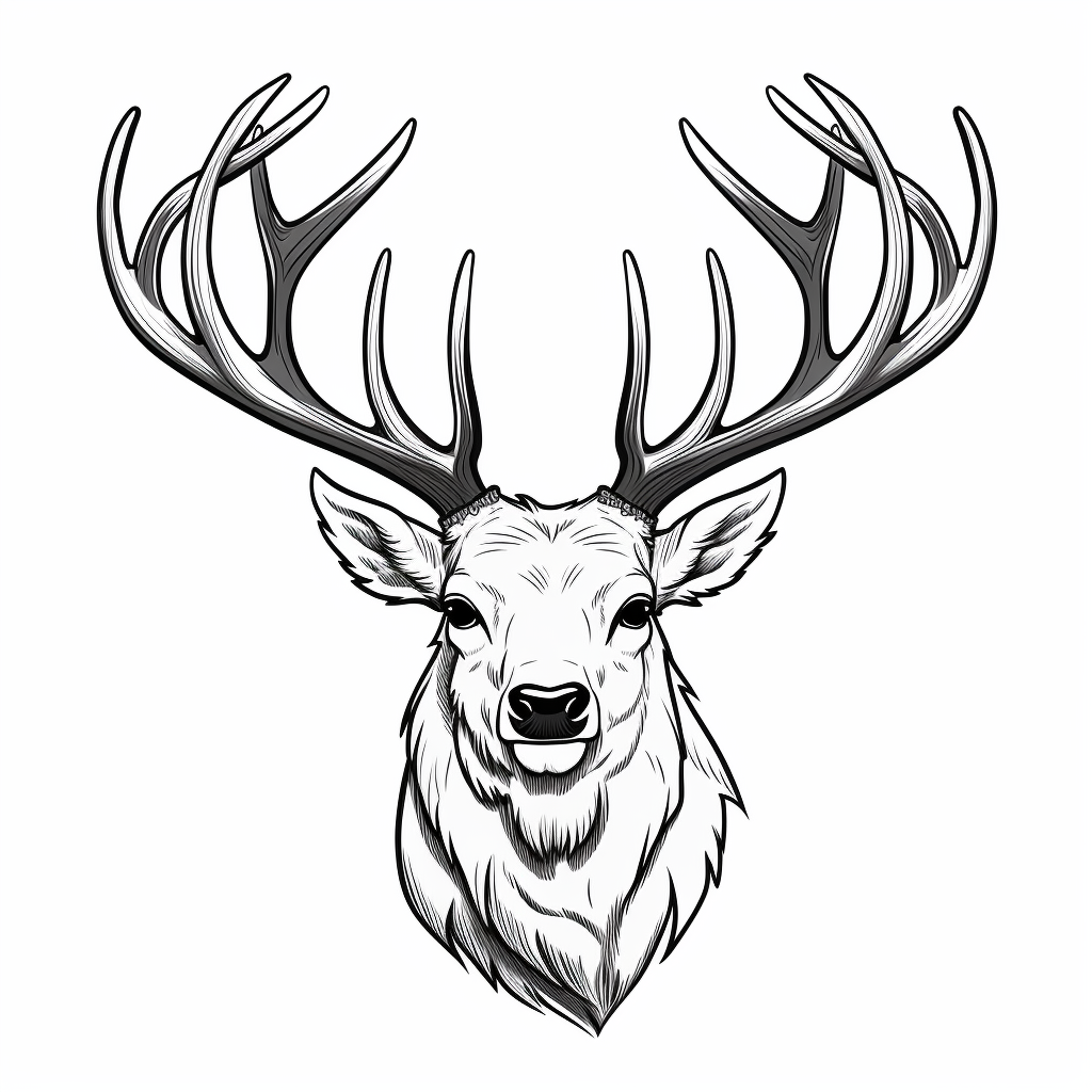 Black and white illustration of elk head with giant antlers