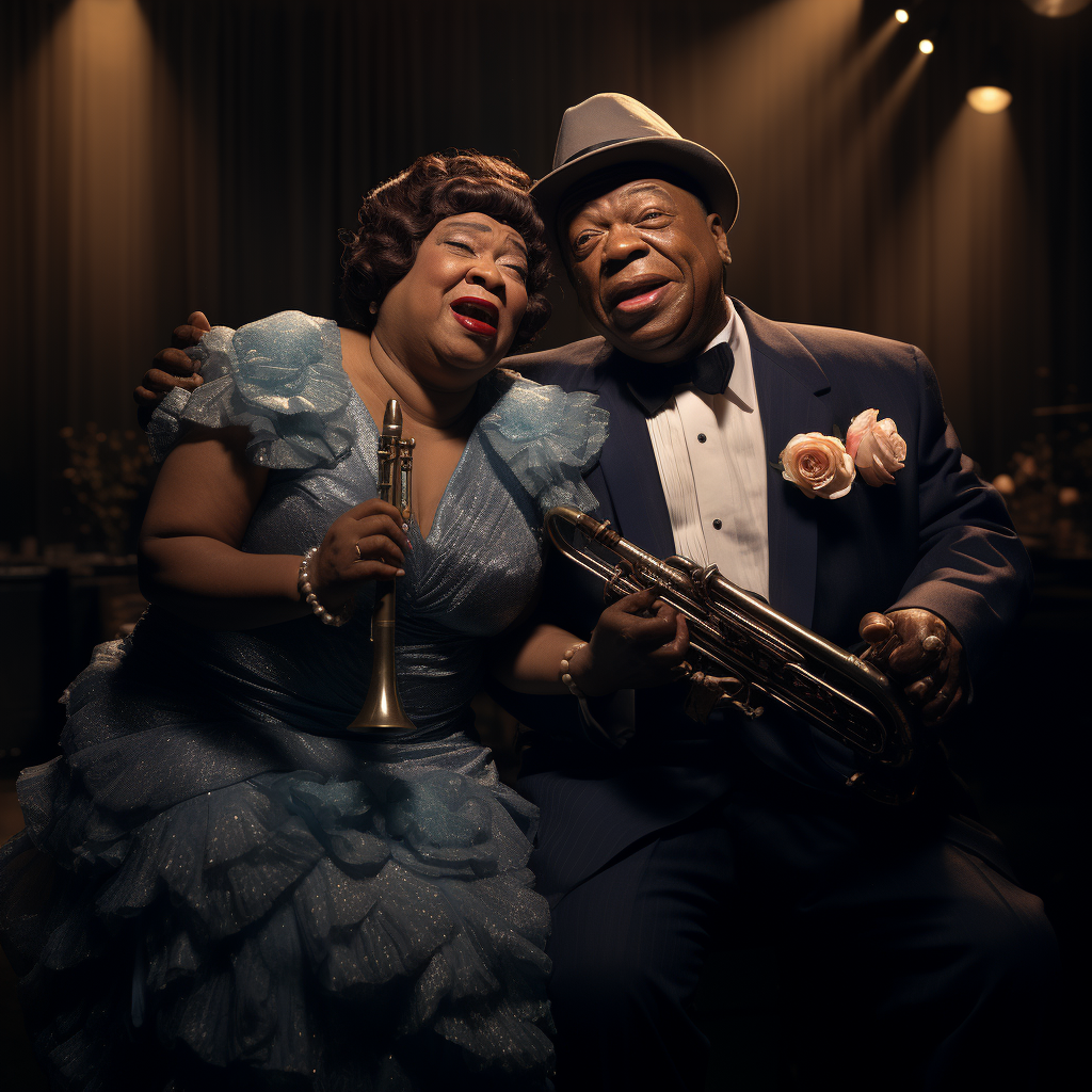 Ella Fitzgerald and Louis Armstrong performing on stage